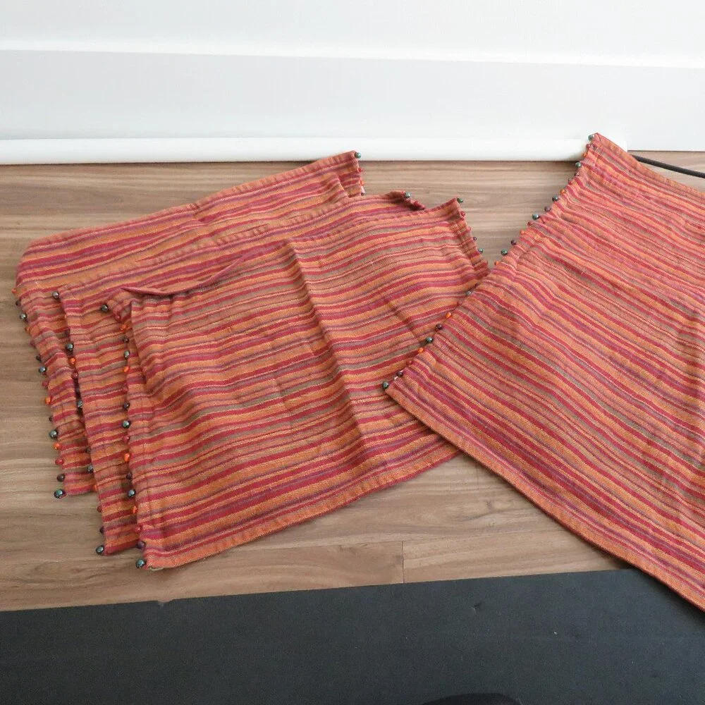 VINTAGE PIER 1 IMPORTS Cotton Woven Multicolor Stripe Beaded Placemats Boho X6